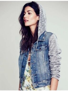 Free People Hooded Denim Jacket Knit Sleeves Blue Jean Coat Size S